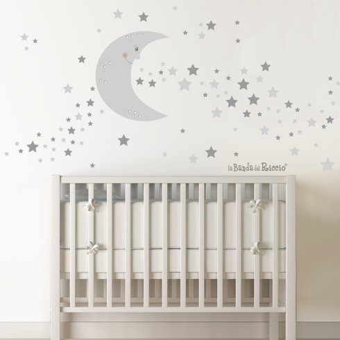 Decorazioni per cameretta "Polvere di Stelle" Un grande spicchio di luna cicondata da tante stelle. Colore beige