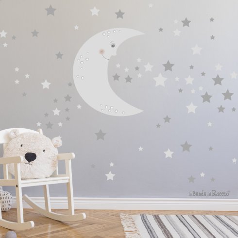 adesivi murali bambini "Polvere di Stelle" Un grande spicchio di luna cicondata da tante stelle. Colore grigio
