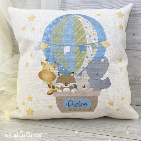 Customized baby name pillow cover "Friends in Balloon". Lightblue color
