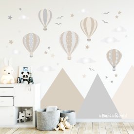 Kids wall stickers "Hot Air Balloons" big moon with 20 stars and 7 clouds. Beige color. Photo