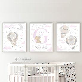 three prints with hot air balloons and name. Pink color