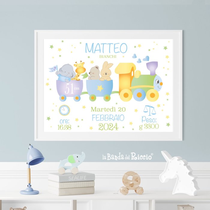 Quadretto nascita raffigurante un trenino con i dati del bambino