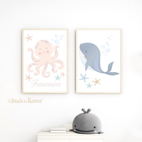 Quadretti per la cameretta a tema marino versione femminile con nome.