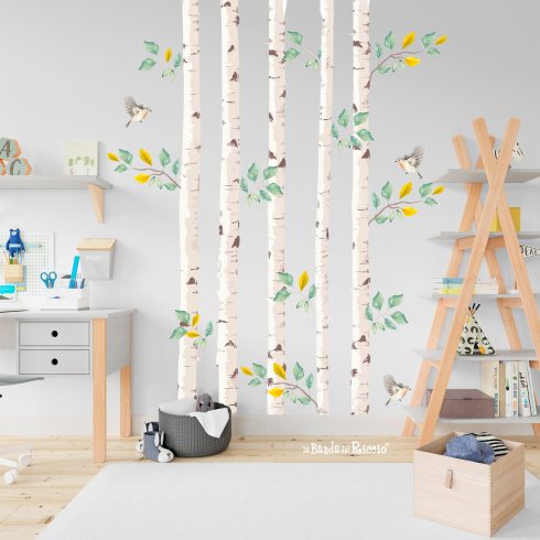 Albero betulla in tessuto riposizionabile composizione della foto 5 tronchi. Adesivi murali cameretta