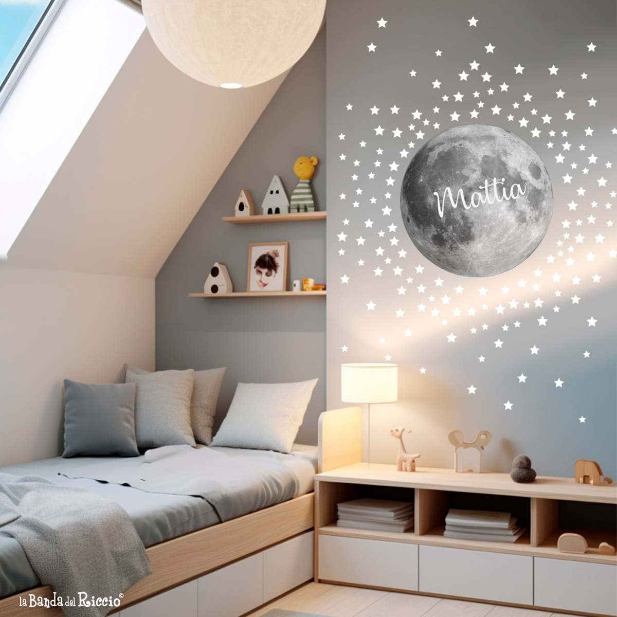 A big moon with white stars to decorate his room like a real astronaut.