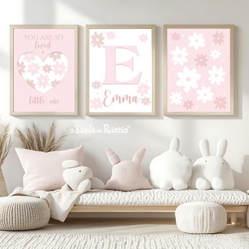 Quadretti cameretta bimba personalizzati rosa con margherite